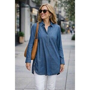 Chico’s Size 1 US 8/10 Chambray Tunic Popover Side Button Detail Coastal
